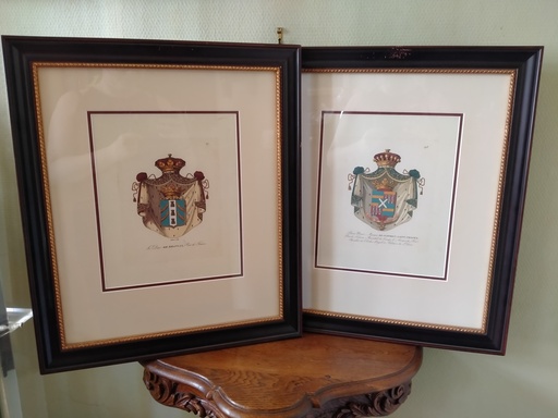 [25022] Paire de gravures colorées blason aux armes des Pairs de France, Le Duc de Brancas et Le Marquis de Suffren-Saint-Tropez