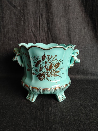 [25038] Cache pot en faïence émaillé bleu et décor or 