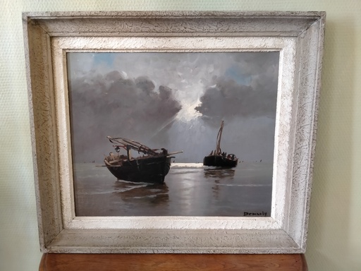 [25046] Bateaux échoués sur la plage peinture signée Demarly attribué à l’École de Berck