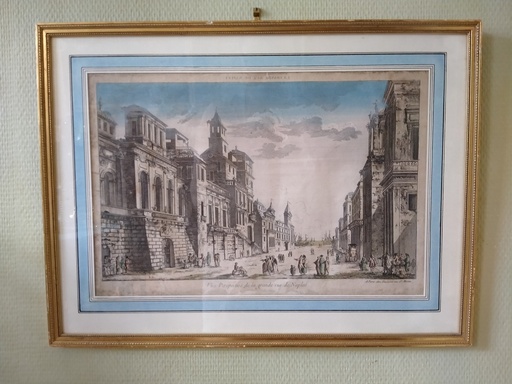 [25064/3] Gravure rehaussée à l'aquarelle de la Grande rue de Naples datant du XVIIIe siècle