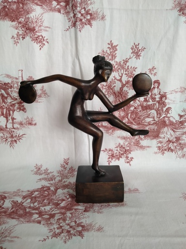 [25021/1] Bronze Art Déco représentant une danseuse aux disques signé Derenne 