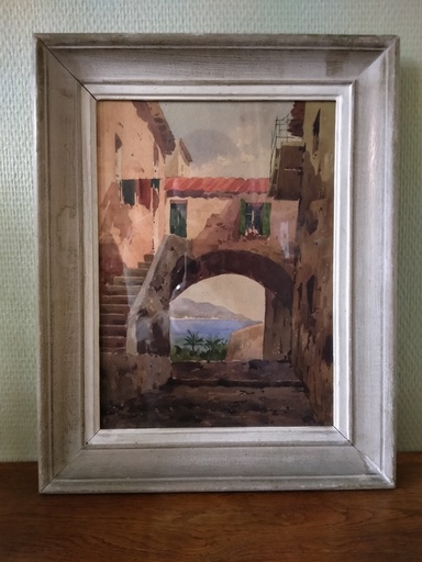 [25074] Aquarelle signée B. Righetti vue de la côte d'Azur 