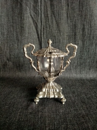 [25074] Moutardier en argent massif avec réceptacle en verre et deux anses XIXe siècle 